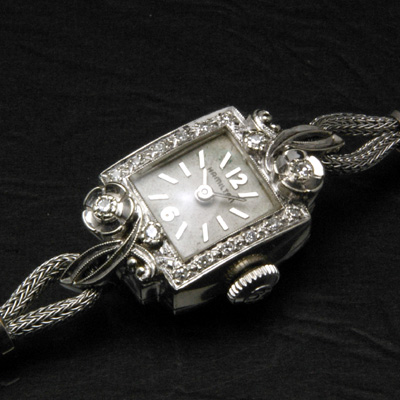 ハミルトン ボタニカルデザインラグ ダイヤ装飾 スクエア 10KWG アンティーク 手巻き レディースウオッチ